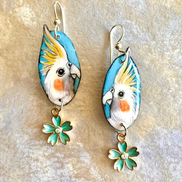 Handpainted Cockatiel Earrings Birds sterling wires One if a Kind - Picture 2 of 2